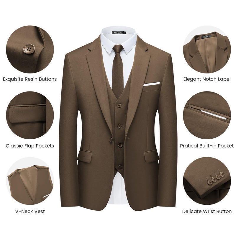 WULFUL Menâ€™s Slim Fit Suit One Button 3-Piece Blazer Dress Business Wedding Party Jacket Vest & Pant Brown - Image 5
